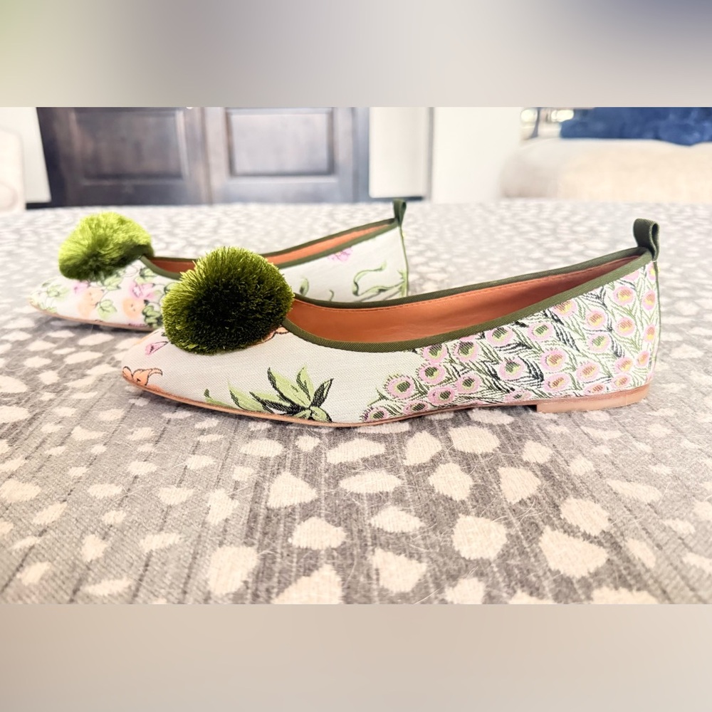Tory Burch Floral Canvas Ballet Flats with Green Pom Pom - Picture 9 of 13